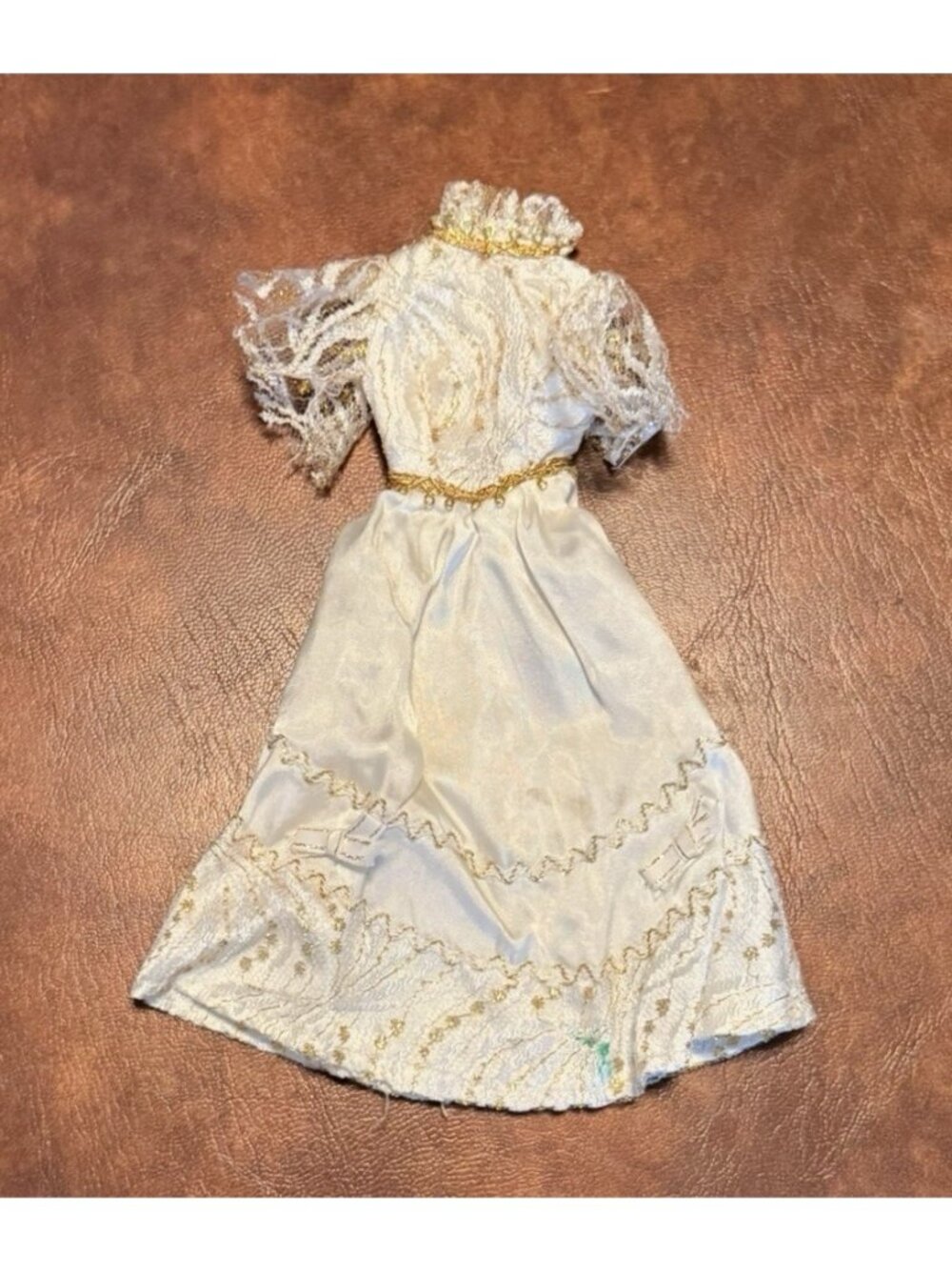 Vintage Barbie Wedding Dress Ivory Satin & Gold Lace High Neck Bridal Gown Clone